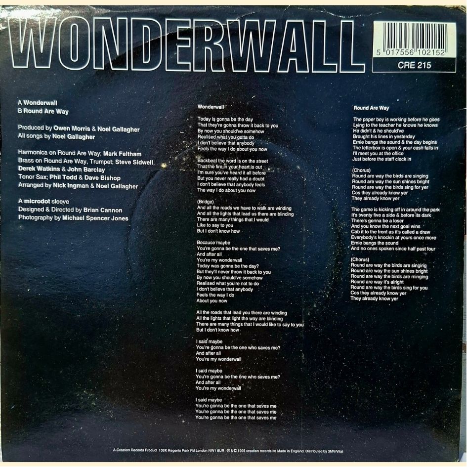 Oasis: Wonderwall 7" Vinyl Record CRE 215