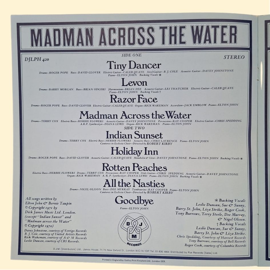 Elton John: Madman Across The Water Original 1971 Vinyl Album Pressing