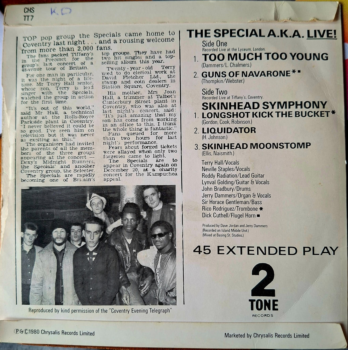 The Specials: Too Much Too Young A.K.A. LIVE! 7" Vinyl Two-Tone Single Record