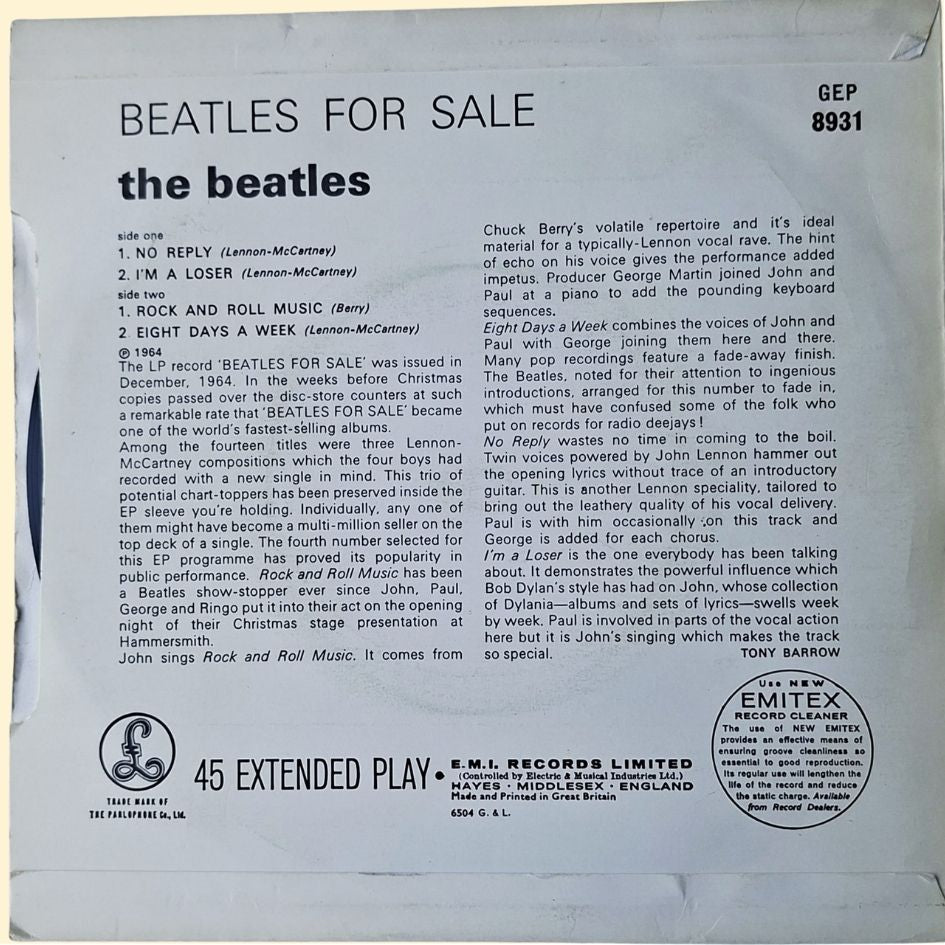 The Beatles: Beatles For Sale 7" Vinyl EP Mono 1981 Repress