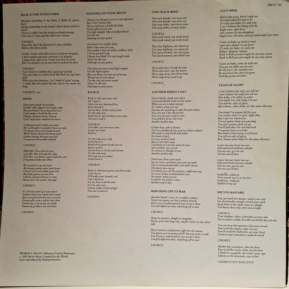 Motorhead: Another Perfect Day Vinyl Album With Ticket Stubbs 1st Pressing